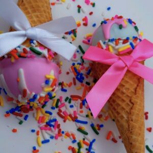 Ice cream of different on each cone wrapped in ribbon