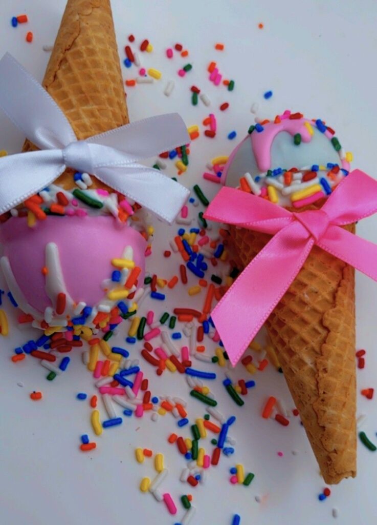 Ice cream of different on each cone wrapped in ribbon